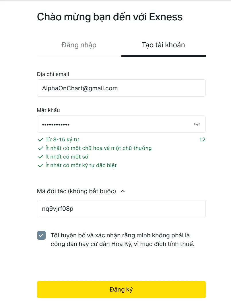 Tạo tài khoản: email, mật khẩu, mã đối tác