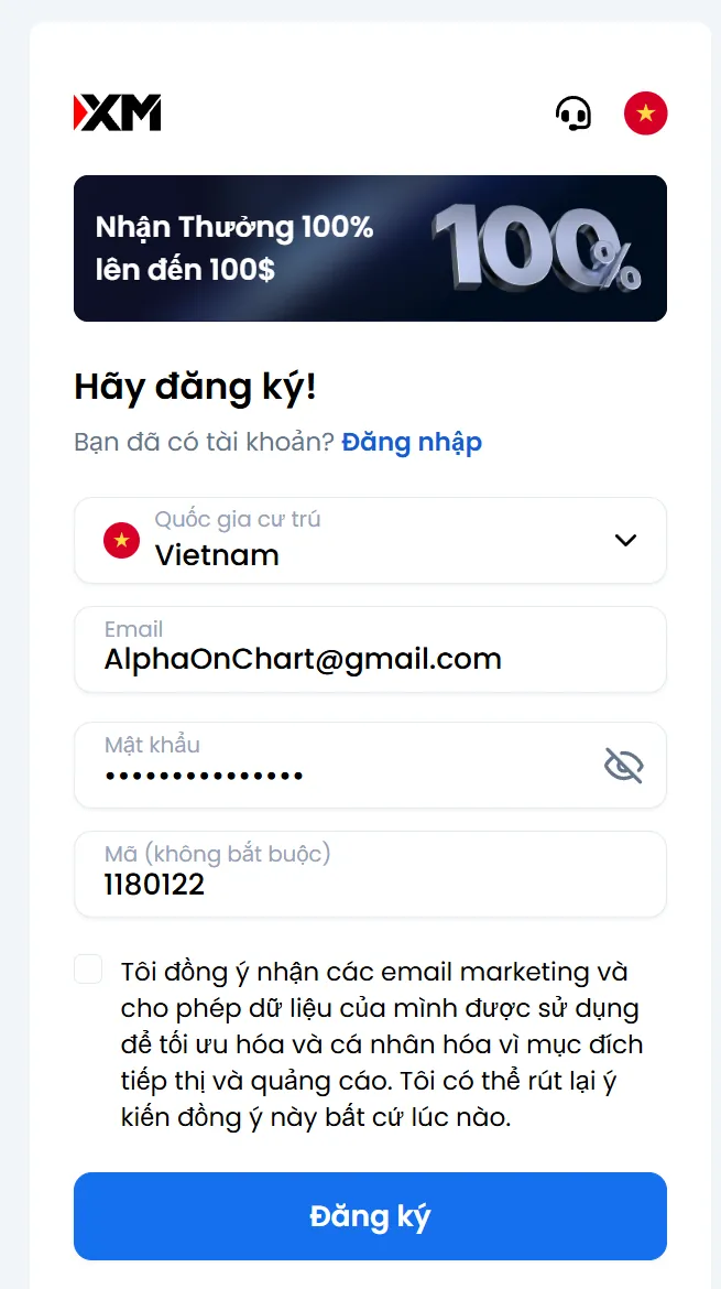 Nhập thông tin ban đầu: email, mật khẩu, mã đối tác